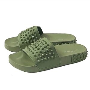 New Olive Green Studded Wide Band Slides Sandals
